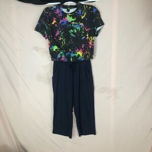 80’s Black Neon Splatter Cropped Tee & Navy Wide-Leg Pants Set Size Small
